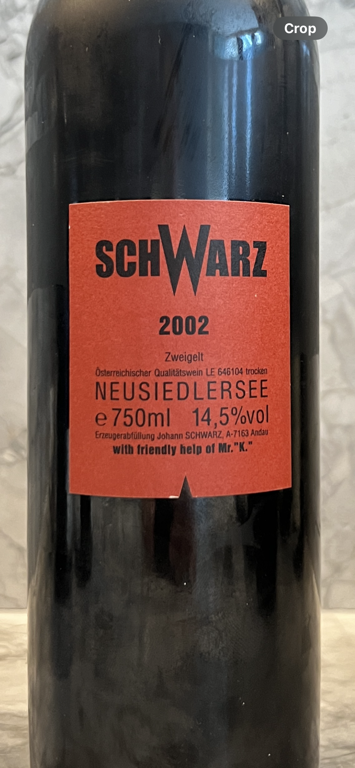 Johann Schwarz Neusiedlersee 'Schwarz Rot' Zweigelt, Austria, 2002